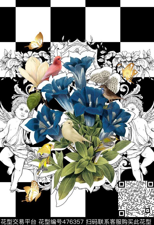 潮流时尚时尚定位黑白格子数码印花华亿平台下载（图片编号: 476357） - 瓦栏（Walan）