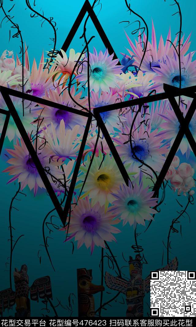海底世界几何花簇五彩油画数码印花华亿平台下载（图片编号: 476423） - 瓦栏（Walan）