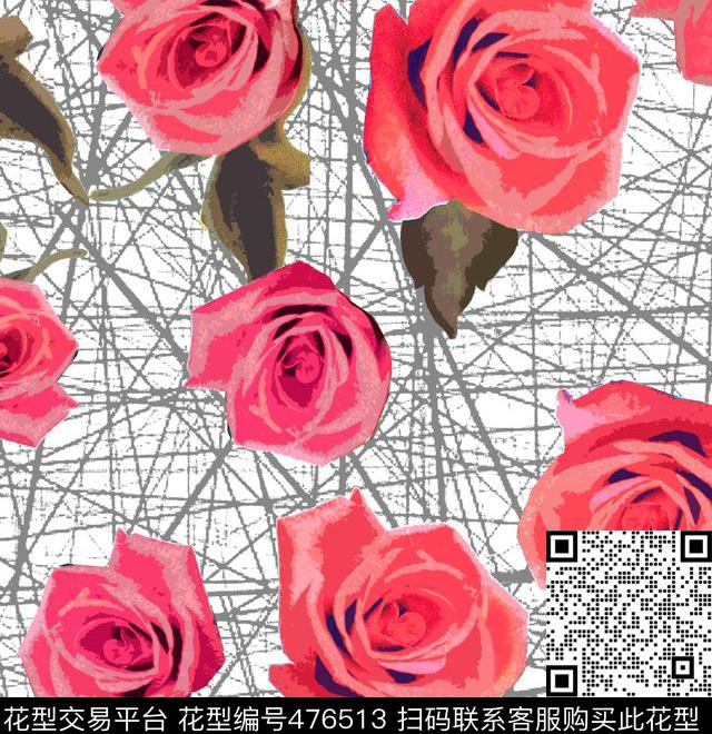 流行时欧美象玫瑰花拼贴线条数码印花华亿平台下载（图片编号: 476513） - 瓦栏（Walan）