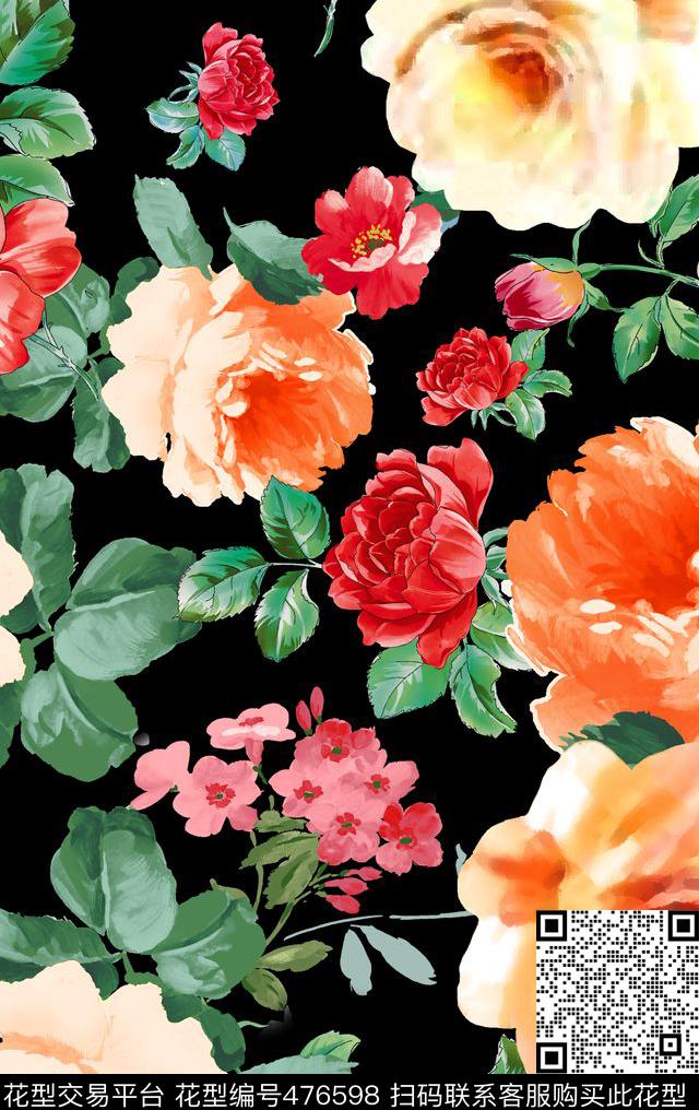 流行时尚欧美手绘花卉数码印花华亿平台下载（图片编号: 476598） - 瓦栏（Walan）
