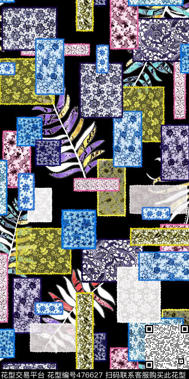 几何网布蕾丝混合拼接传统印花华亿平台下载（图片编号: 476627） - 瓦栏（Walan）