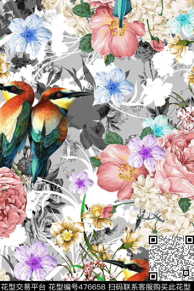 复古华贵花卉鸟大牌女装数码印花华亿平台下载（图片编号: 476658） - 瓦栏（Walan）
