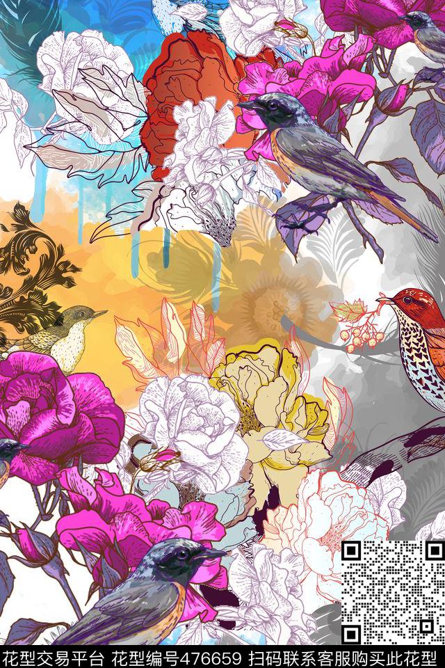 复古华贵花卉鸟AD-欧美休闲时尚数码印花华亿平台下载（图片编号: 476659） - 瓦栏（Walan）