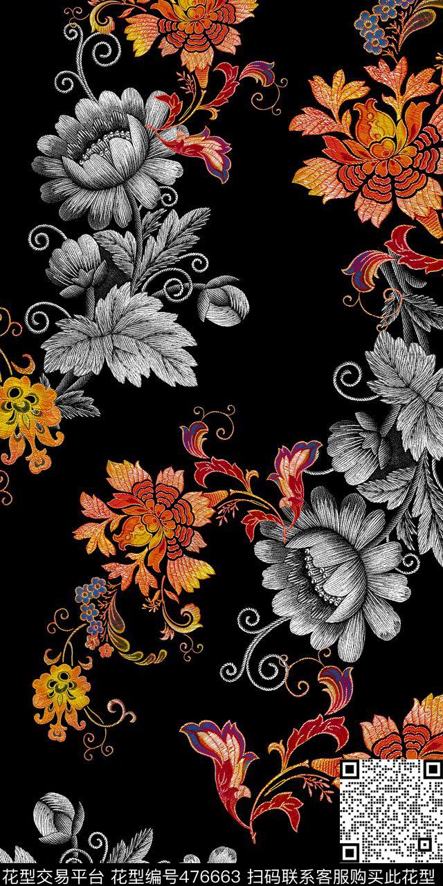 复古大气绣花花卉时尚男女装数码印花华亿平台下载（图片编号: 476663） - 瓦栏（Walan）