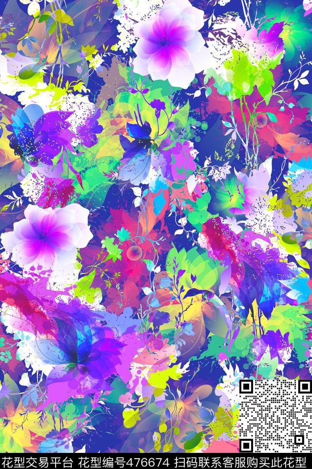 大牌女士服装面料花卉组合炫彩抽象数码印花华亿平台下载（图片编号: 476674） - 瓦栏（Walan）
