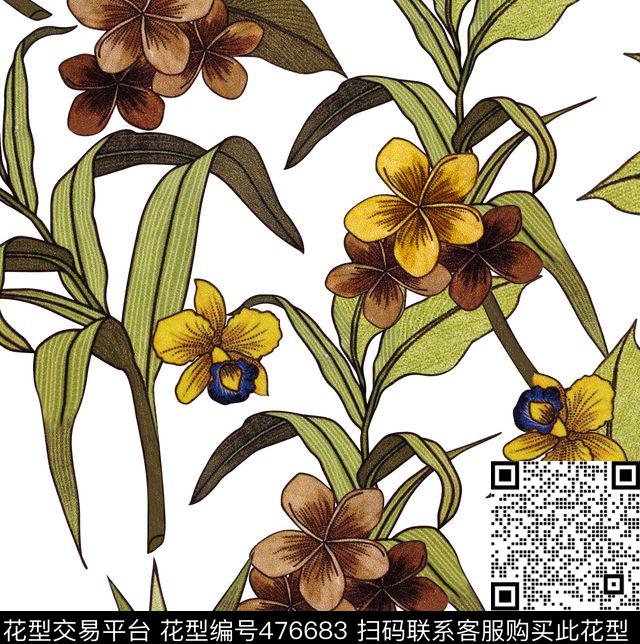 写意蝴蝶花叶子数码印花华亿平台下载（图片编号: 476683） - 瓦栏（Walan）