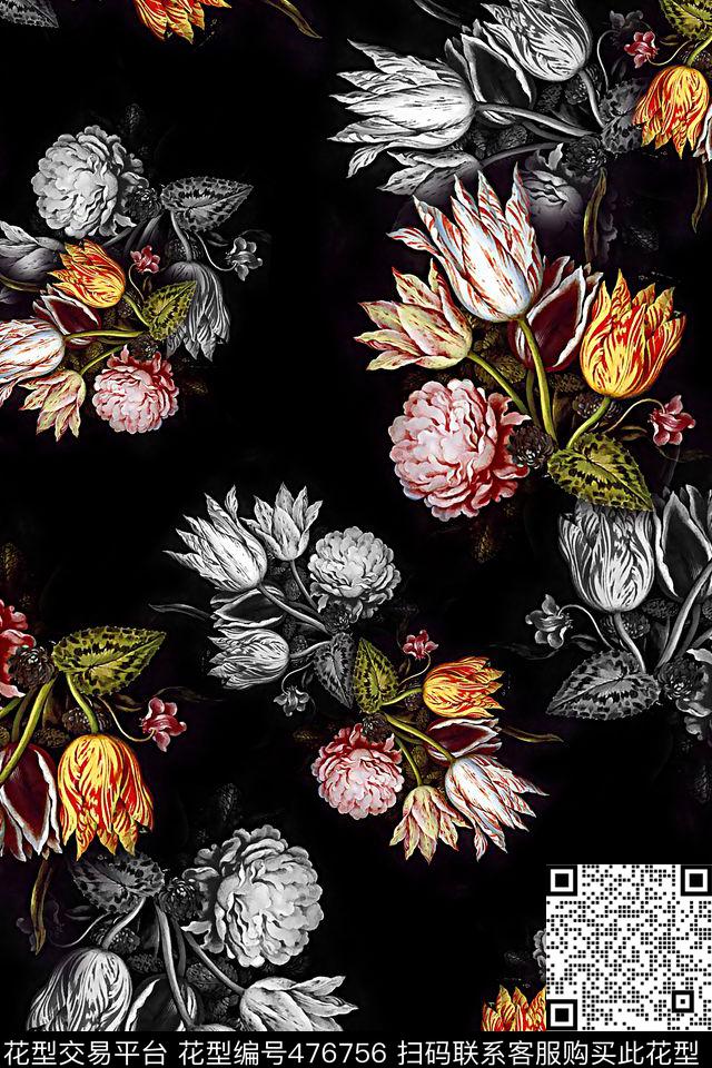黑底手绘花油画花满排数码印花华亿平台下载（图片编号: 476756） - 瓦栏（Walan）