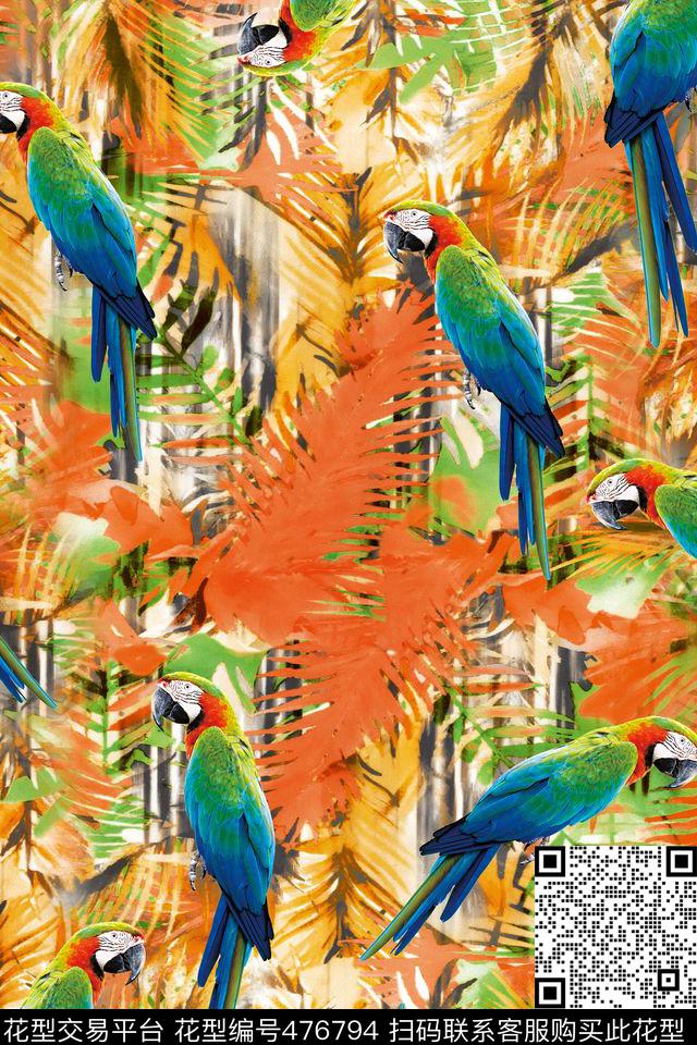 潮流大牌热带植物树叶金刚鹦鹉数码印花华亿平台下载（图片编号: 476794） - 瓦栏（Walan）