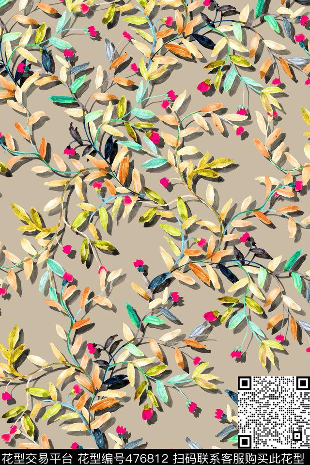 手绘水彩藤蔓数码印花华亿平台下载（图片编号: 476812） - 瓦栏（Walan）