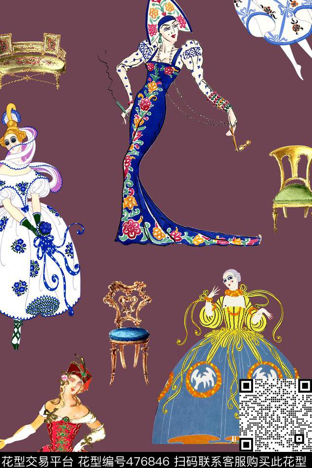 欧式复古人物数码印花华亿平台下载（图片编号: 476846） - 瓦栏（Walan）