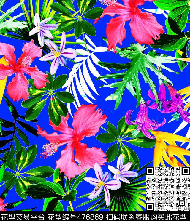 夏威夷热带叶子夏威夷花热带植物数码印花华亿平台下载（图片编号: 476869） - 瓦栏（Walan）