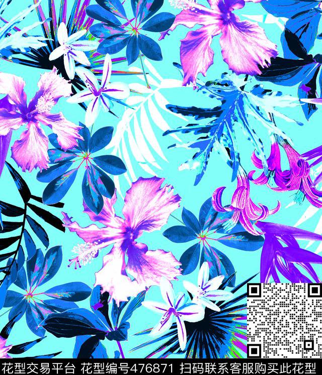 夏威夷热带叶子夏威夷花热带植物数码印花华亿平台下载（图片编号: 476871） - 瓦栏（Walan）