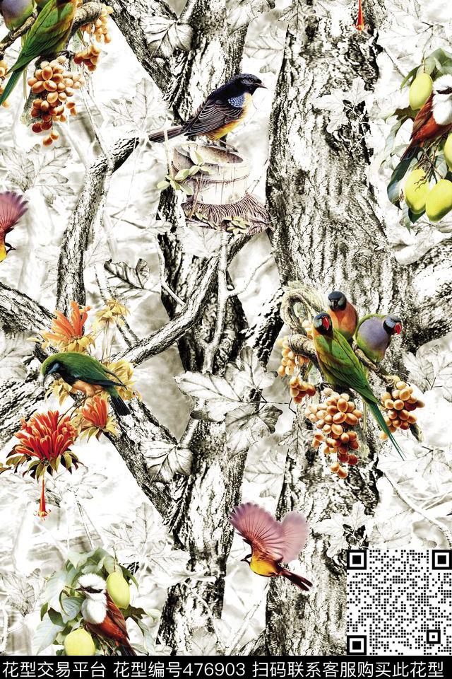 抽象欧美风大牌鸟果实花卉树丛林男装女装围巾H【抽象】数码印花华亿平台下载（图片编号: 476903） - 瓦栏（Walan）