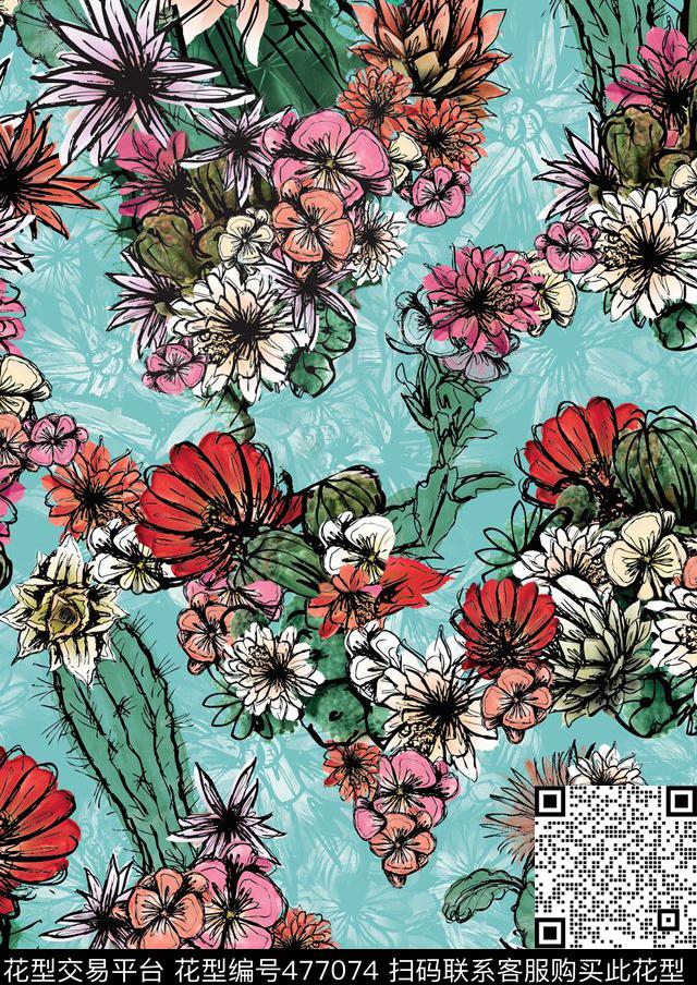 仙人掌玫瑰花绿色数码印花华亿平台下载（图片编号: 477074） - 瓦栏（Walan）