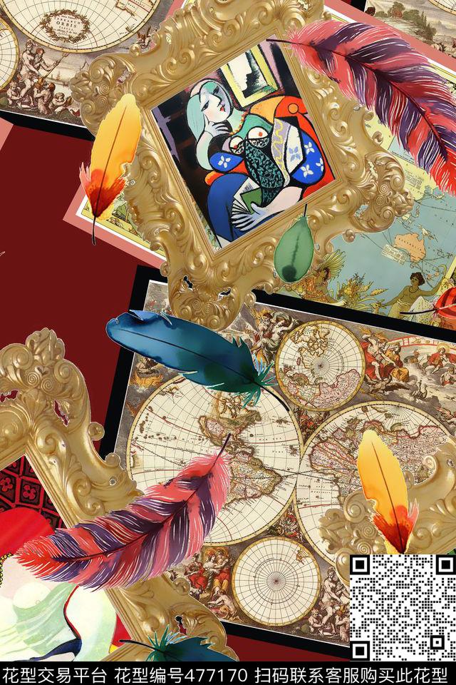 地图人像抽象相框数码印花华亿平台下载（图片编号: 477170） - 瓦栏（Walan）