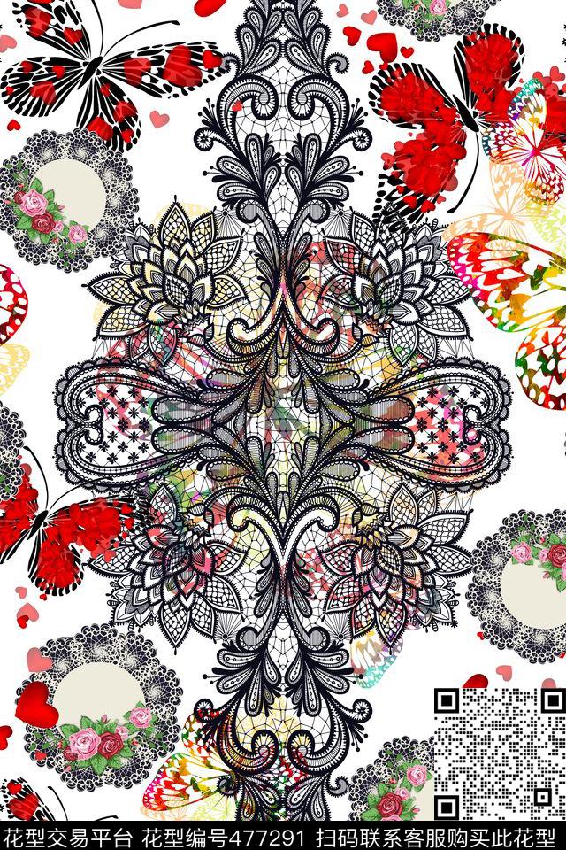 潮流元素红心蝴蝶数码印花华亿平台下载（图片编号: 477291） - 瓦栏（Walan）