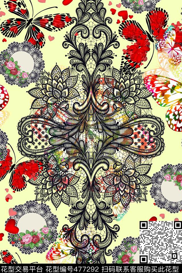 潮流元素蕾丝花纹蝴蝶数码印花华亿平台下载（图片编号: 477292） - 瓦栏（Walan）