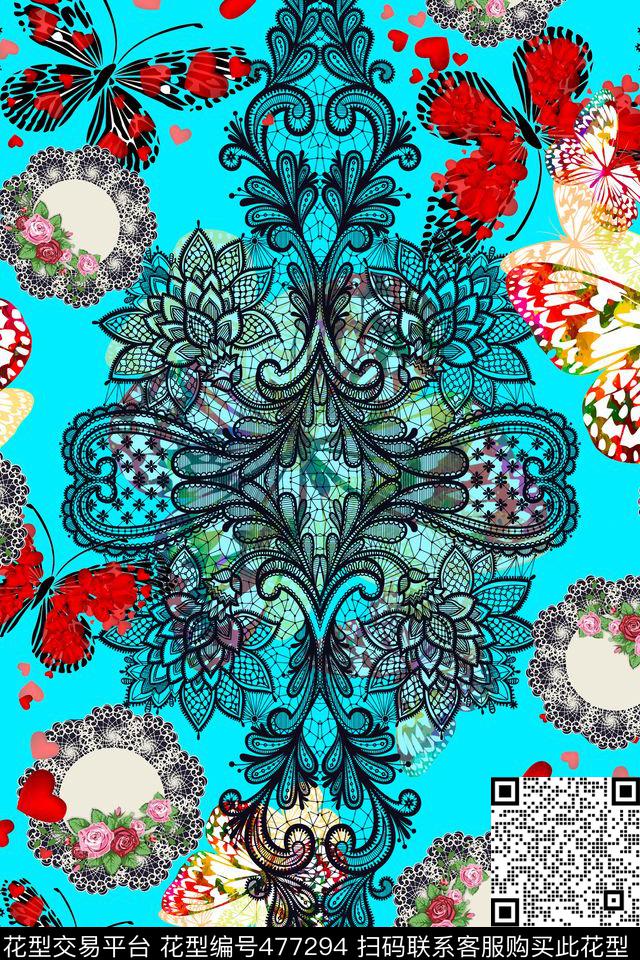 潮流元素蕾丝花纹蝴蝶数码印花华亿平台下载（图片编号: 477294） - 瓦栏（Walan）