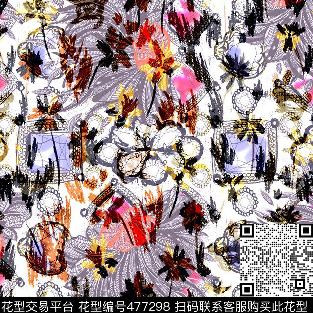 时尚手绘宝石笔触数码印花华亿平台下载（图片编号: 477298） - 瓦栏（Walan）