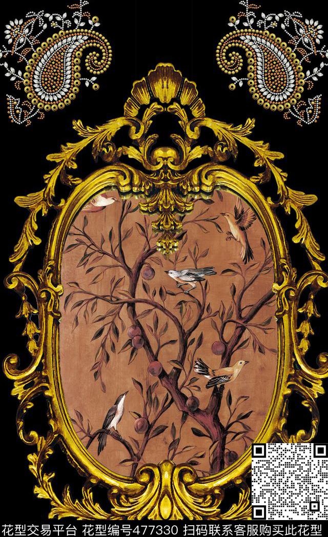 欧式宫廷风欧式框架花鸟图数码印花华亿平台下载（图片编号: 477330） - 瓦栏（Walan）