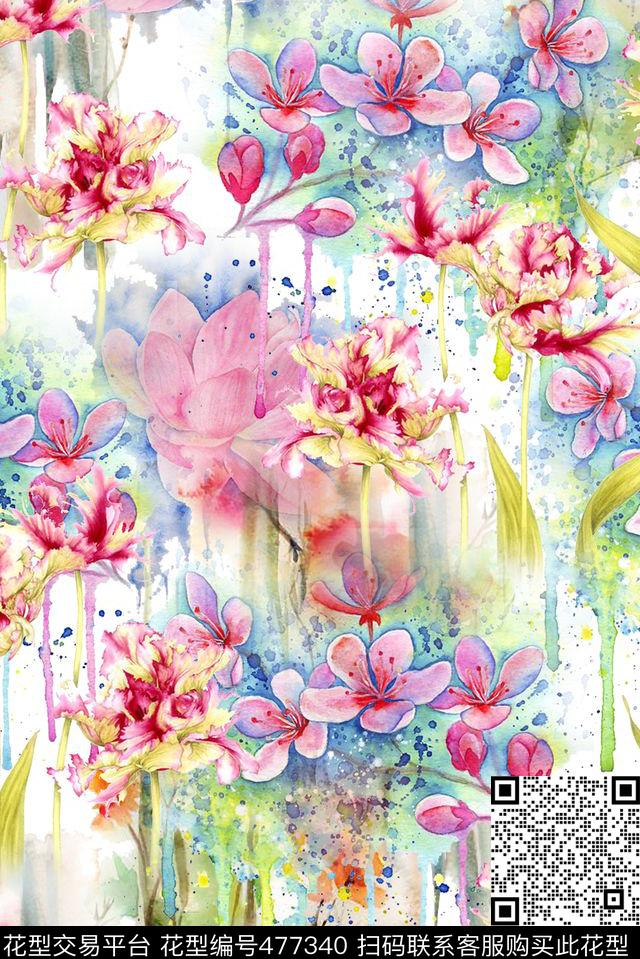 花卉花莲喷染数码印花华亿平台下载（图片编号: 477340） - 瓦栏（Walan）