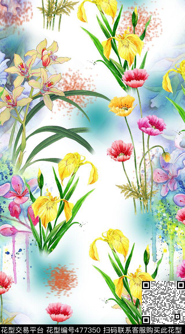 花卉喷滴水莲数码印花华亿平台下载（图片编号: 477350） - 瓦栏（Walan）
