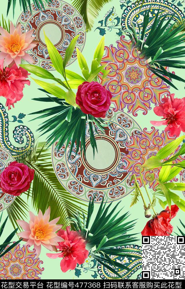 民族花纹热带风情棕榈叶数码印花华亿平台下载（图片编号: 477368） - 瓦栏（Walan）
