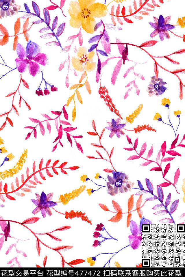 手绘水彩花卉数码印花华亿平台下载（图片编号: 477472） - 瓦栏（Walan）