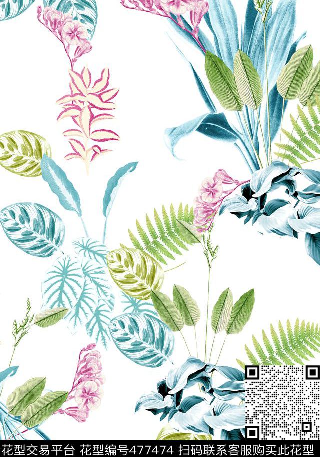 夏威夷热带雨林叶子数码印花华亿平台下载（图片编号: 477474） - 瓦栏（Walan）