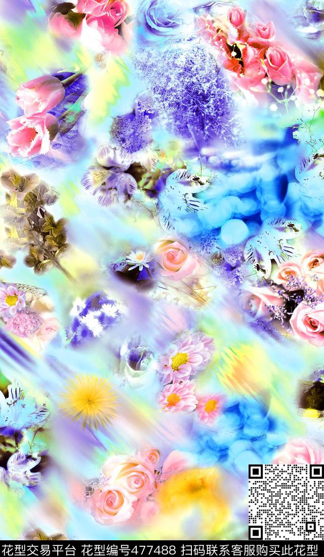 幻彩霓虹玫瑰流行时尚欧美数码印花华亿平台下载（图片编号: 477488） - 瓦栏（Walan）