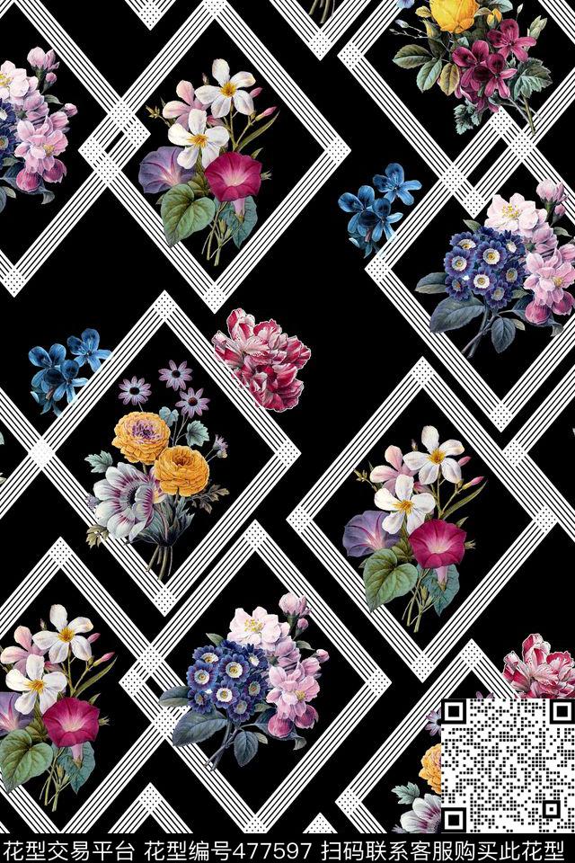 几何框欧式水彩花卉复古数码印花华亿平台下载（图片编号: 477597） - 瓦栏（Walan）