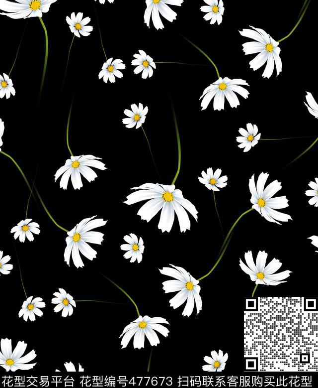 潮流时尚花卉手绘野菊花数码印花华亿平台下载（图片编号: 477673） - 瓦栏（Walan）