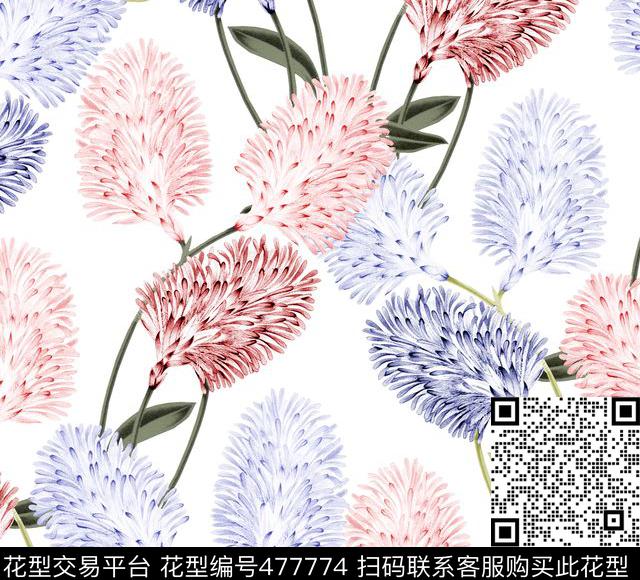 手绘花卉大牌风清爽底花卉数码印花华亿平台下载（图片编号: 477774） - 瓦栏（Walan）