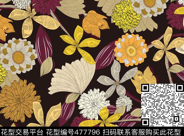 大花朵电脑手绘数码·花儿鸟儿数码印花华亿平台下载（图片编号: 477796） - 瓦栏（Walan）