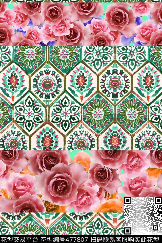 玫瑰花欧式宫廷条纹数码印花华亿平台下载（图片编号: 477807） - 瓦栏（Walan）