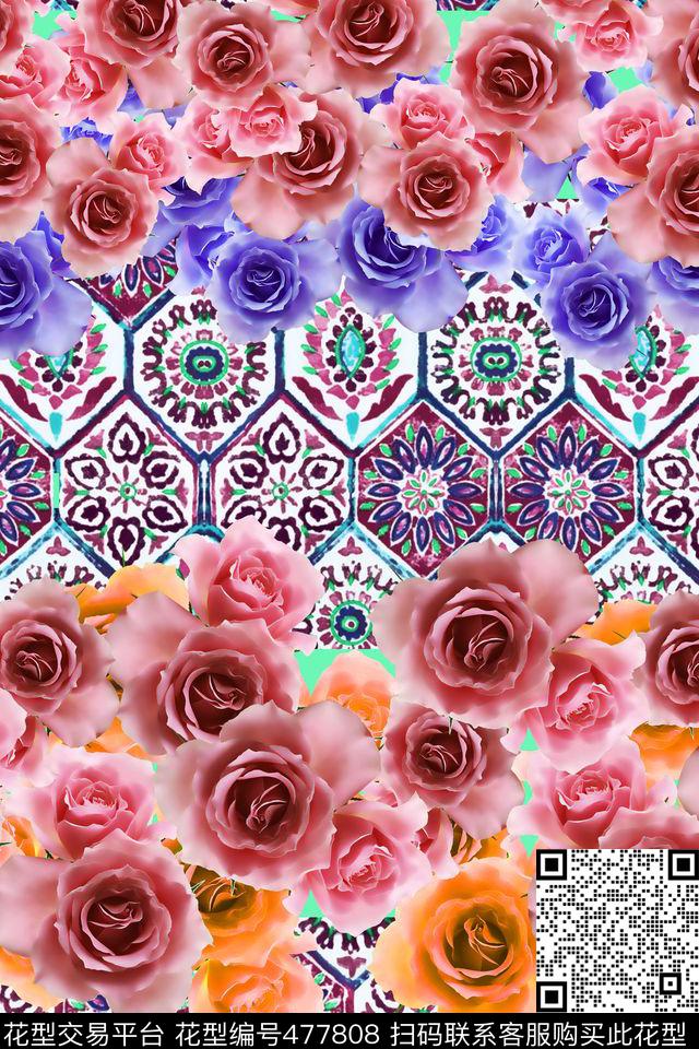 欧式宫廷条纹玫瑰花数码印花华亿平台下载（图片编号: 477808） - 瓦栏（Walan）