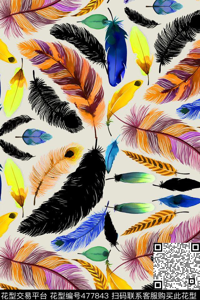 手绘水彩羽毛数码印花华亿平台下载（图片编号: 477843） - 瓦栏（Walan）