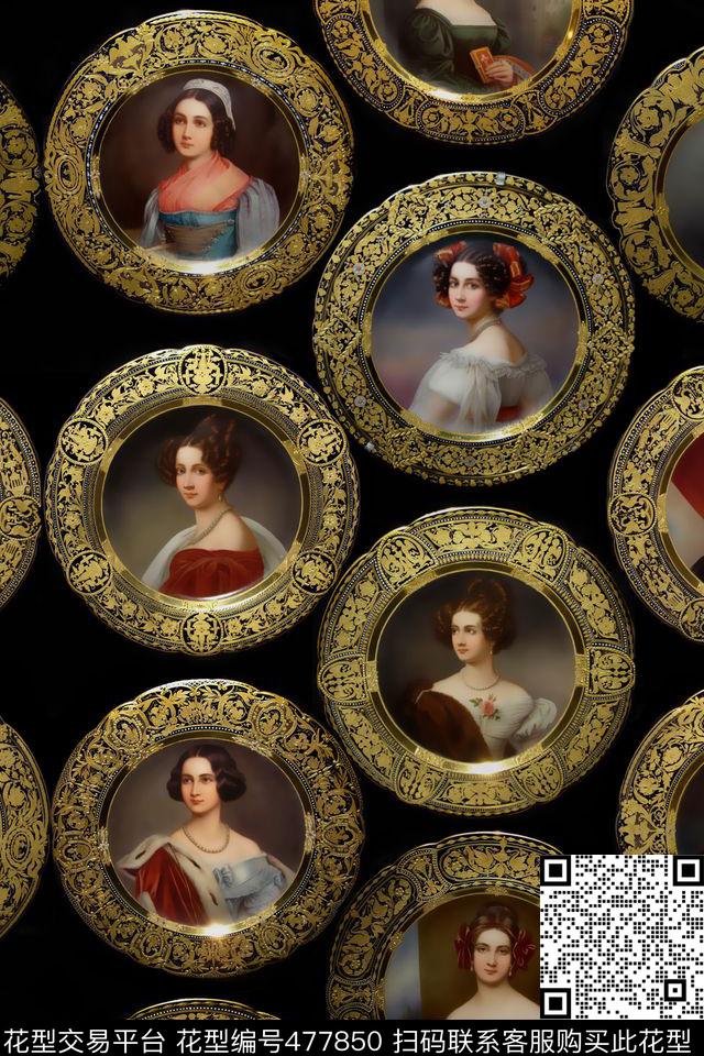 华丽欧式宫廷风人物头像数码印花华亿平台下载（图片编号: 477850） - 瓦栏（Walan）