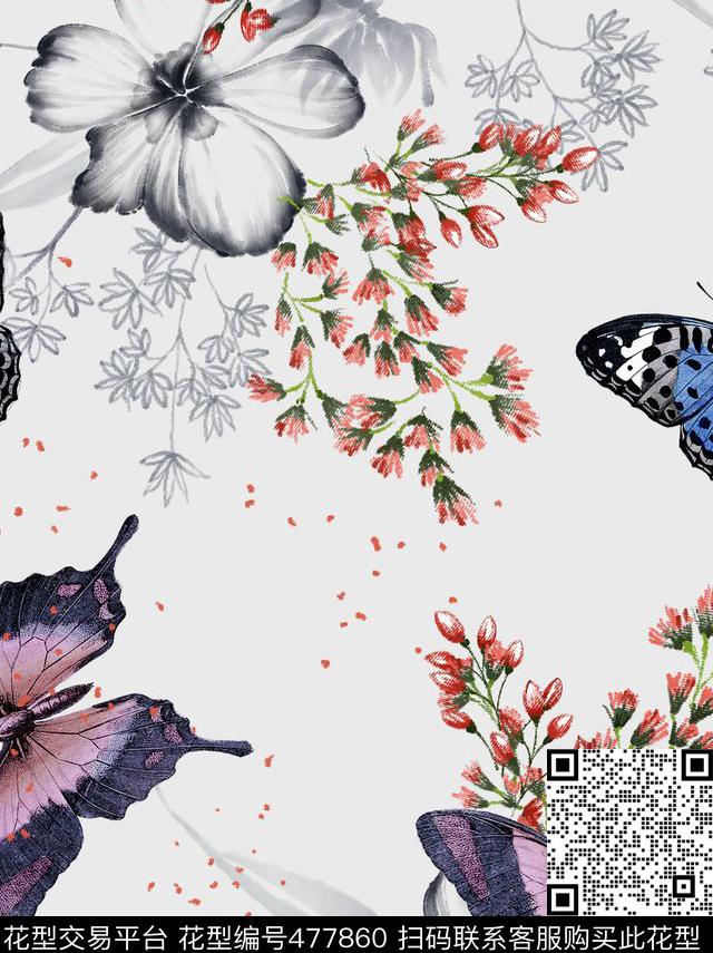水墨花卉蝴蝶数码印花华亿平台下载（图片编号: 477860） - 瓦栏（Walan）