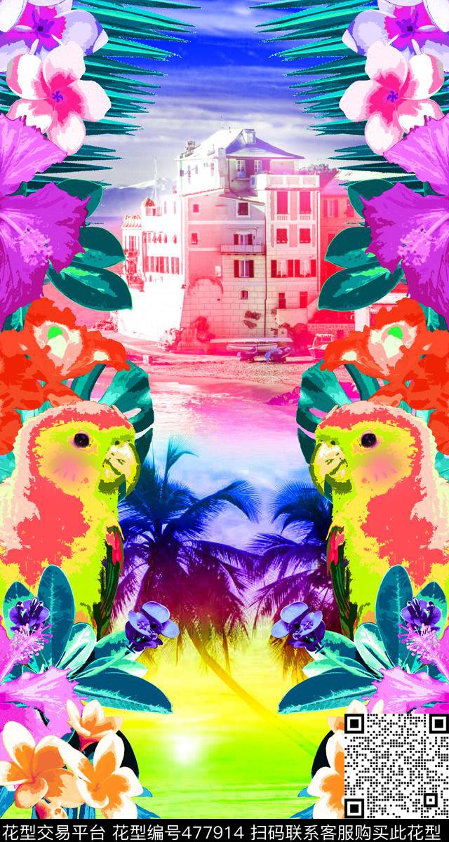 可爱鹦鹉热带风景定位花时尚童装数码印花华亿平台下载（图片编号: 477914） - 瓦栏（Walan）