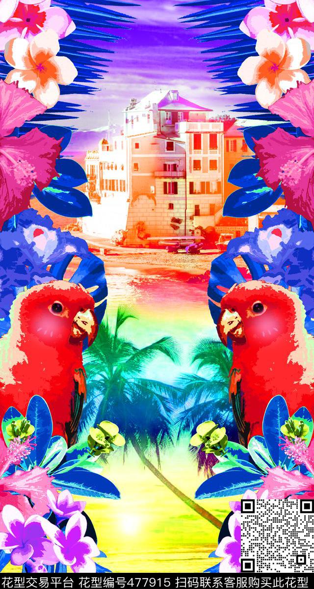 可爱鹦鹉热带风景定位花时尚童装数码印花华亿平台下载（图片编号: 477915） - 瓦栏（Walan）