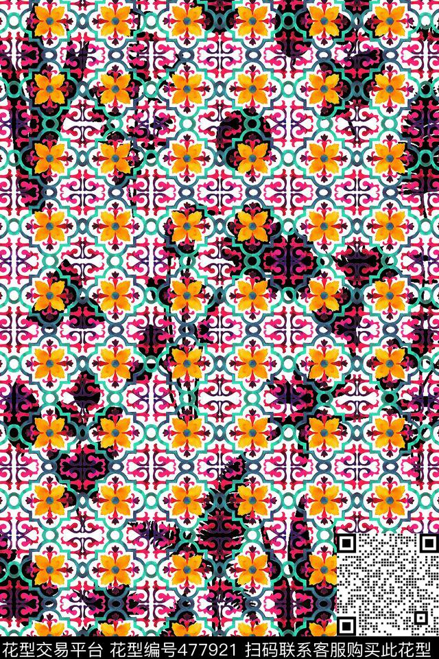 欧式水彩纹穿格植物花卉数码印花华亿平台下载（图片编号: 477921） - 瓦栏（Walan）