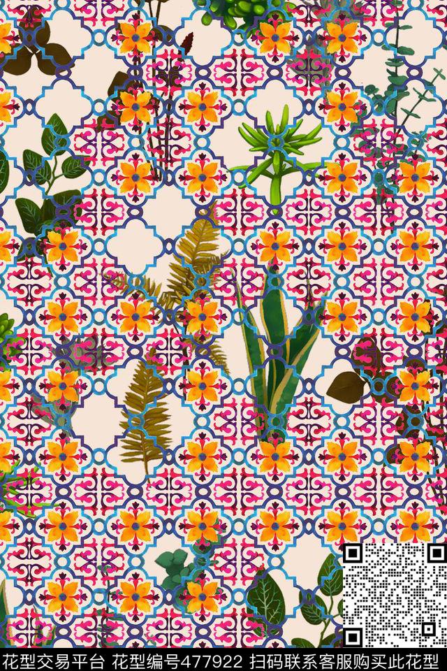 穿格植物花卉欧式水彩纹传统印花华亿平台下载（图片编号: 477922） - 瓦栏（Walan）