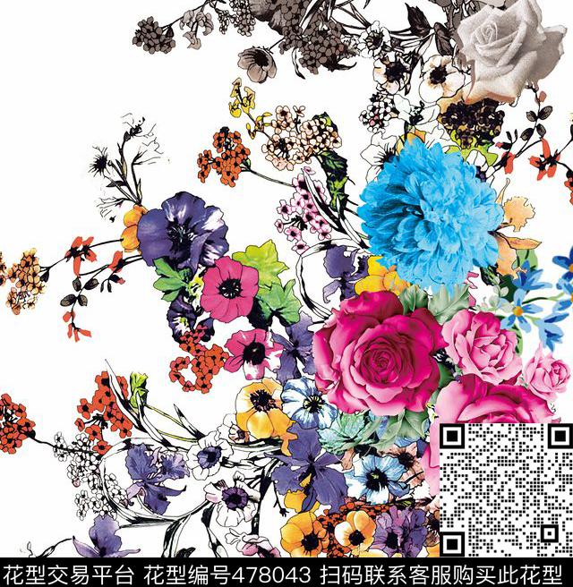潮流大牌花卉手绘花卉数码印花华亿平台下载（图片编号: 478043） - 瓦栏（Walan）