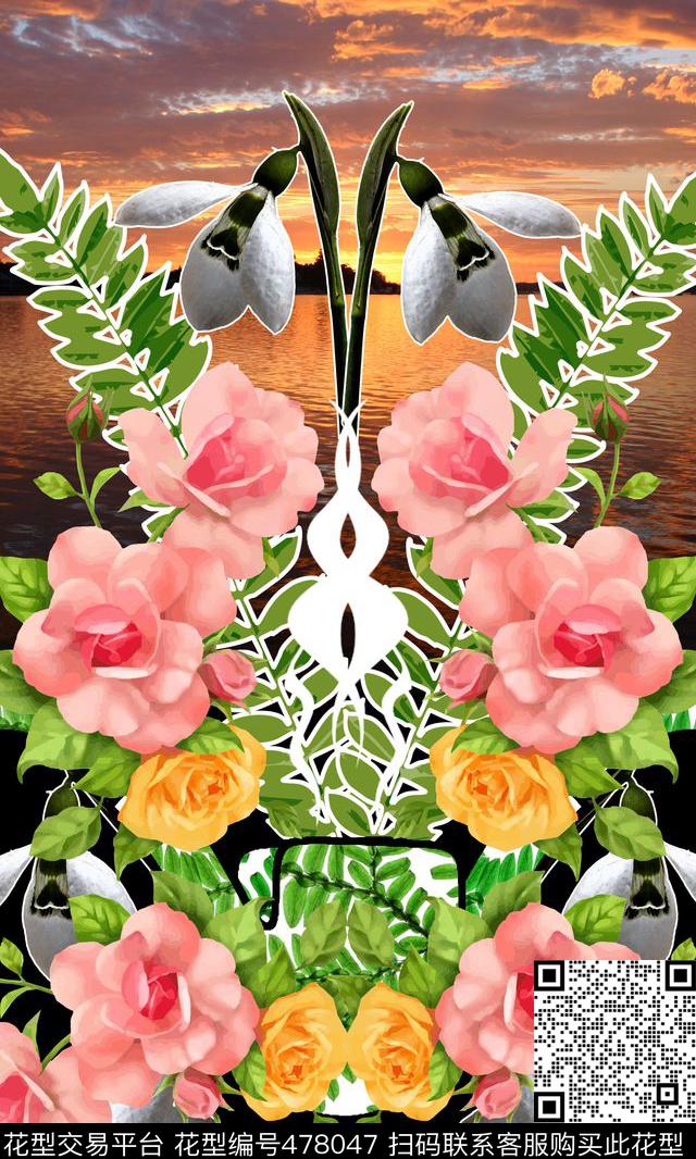 时尚定位玫瑰叶子风景数码印花华亿平台下载（图片编号: 478047） - 瓦栏（Walan）