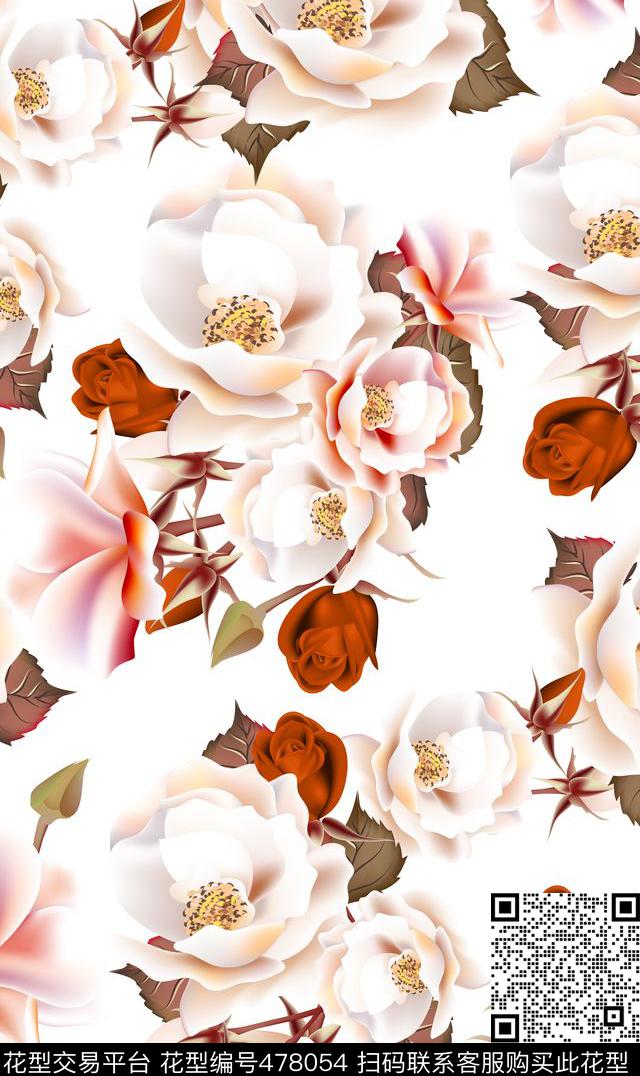 白色花咖色清爽传统印花华亿平台下载（图片编号: 478054） - 瓦栏（Walan）