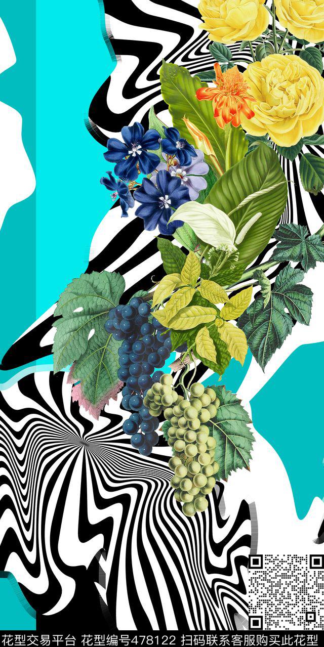 花卉几何拼接水果数码印花华亿平台下载（图片编号: 478122） - 瓦栏（Walan）