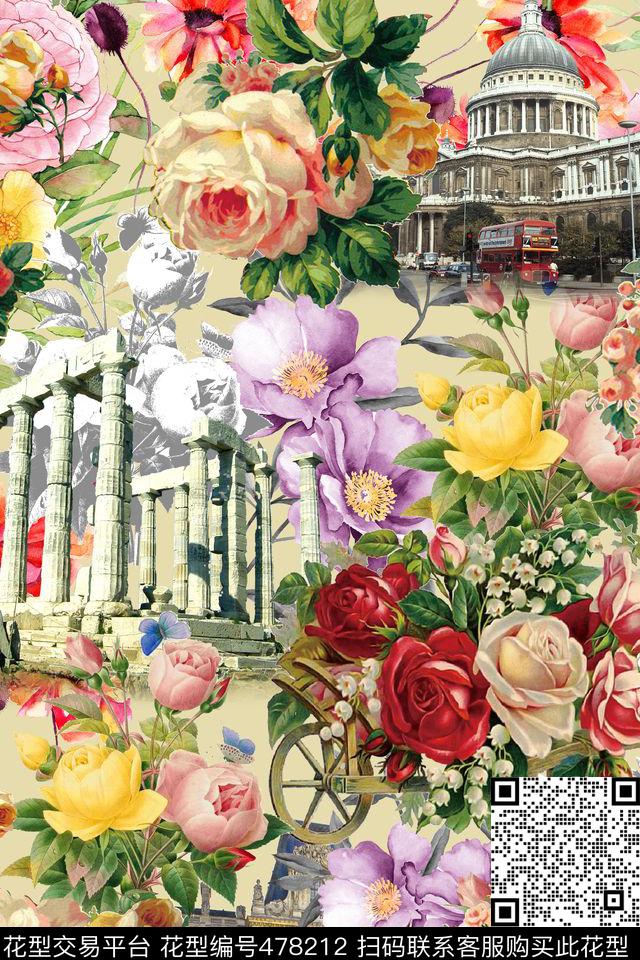 欧美复古花卉建筑大牌秋冬装数码印花华亿平台下载（图片编号: 478212） - 瓦栏（Walan）