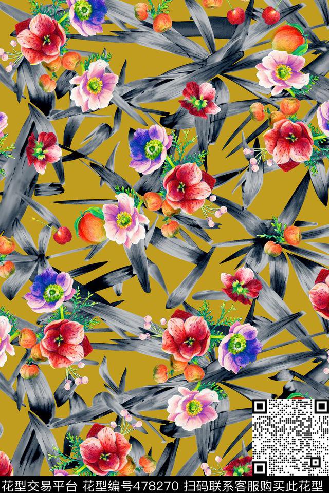 叶子黑白清新小花春夏款数码印花华亿平台下载（图片编号: 478270） - 瓦栏（Walan）