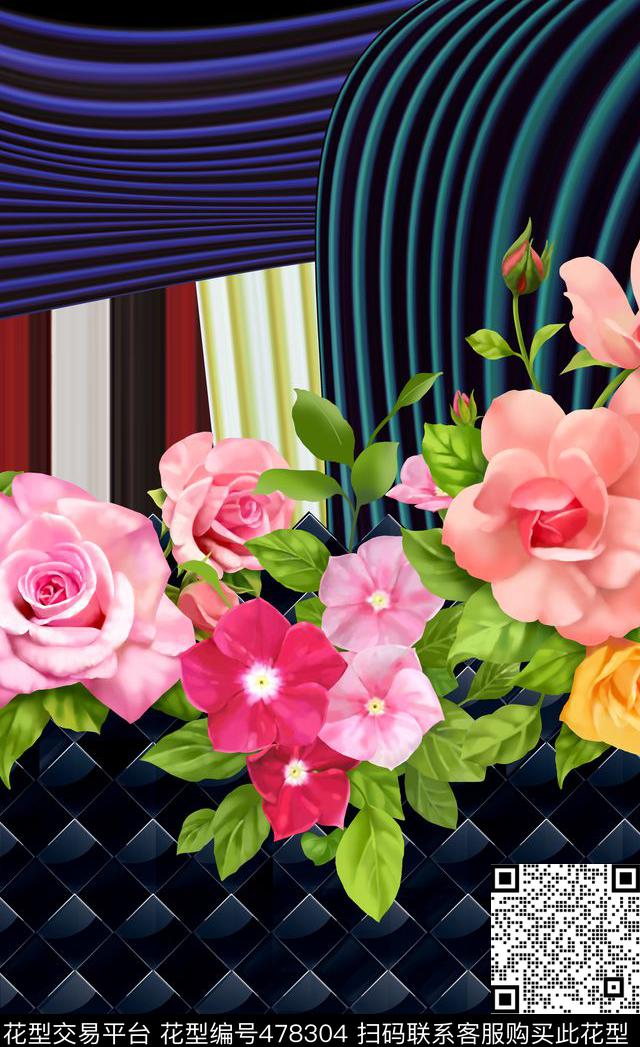 潮流时尚定位手绘大花流动条纹数码印花华亿平台下载（图片编号: 478304） - 瓦栏（Walan）